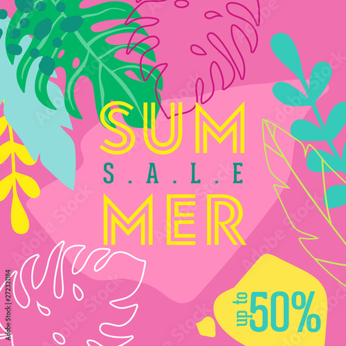 Summer Sale poster with tropic leaves, flowers, flamingoes, advertisement banner and tropical background in modern flat style, flash spring special offer, poster vacation ad, flyer. Vector