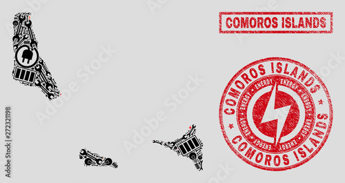 Composition of mosaic power supply Comoros Islands map and grunge seals. Mosaic vector Comoros Islands map is designed with gear and lamp elements. Black and red colors used.