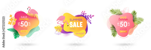 Set of Summer sale banner template. Liquid abstract geometric bubble with tropic flowers, flamingo. Tropical background and backdrop, Promo badge for seasonal offer, promotion, advertising. Vector