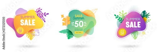 Set of Summer sale banner template. Liquid abstract geometric bubble with tropic flowers, Tropical background and backdrop, Promo badge for seasonal offer, promotion, advertising. Vector illustration