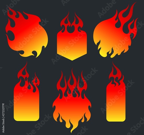 Red fire, old school flame tags set, gradient stickers backgrounds, isolated vector illustrations