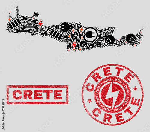 Composition of mosaic power supply Crete map and grunge watermarks. Mosaic vector Crete map is created with workshop and lamp symbols. Black and red colors used. Templates for power supply business.