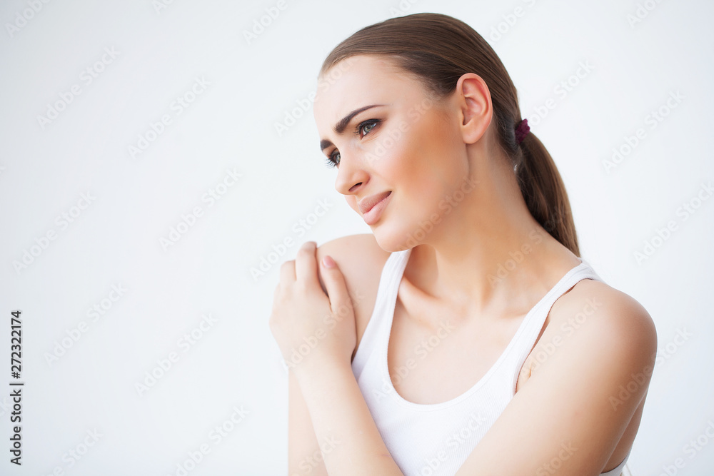 Arms Pain. Beautiful Woman Body Feeling Pain In Shoulders Arms Pain. Beautiful Woman Body Feeling Pain In Shoulders
