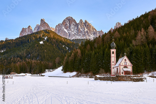 view on puez odle from val di funes, dolomites, italy