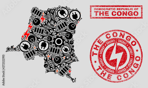 Composition of mosaic power supply Democratic Republic of the Congo map and grunge stamp seals. Mosaic vector Democratic Republic of the Congo map is composed with gear and lamp icons.