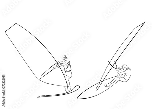 Set of male windsurfers on windsurf board. Abstract isolated contour. Hand drawn outlines. Black line drawing. Windsurfing illustration. Vector silhouette.