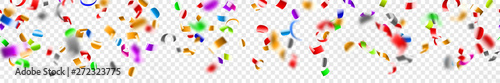 Abstract horizontal seamless banner of flying shiny colored confetti and pieces of serpentine, isolated on transparent background