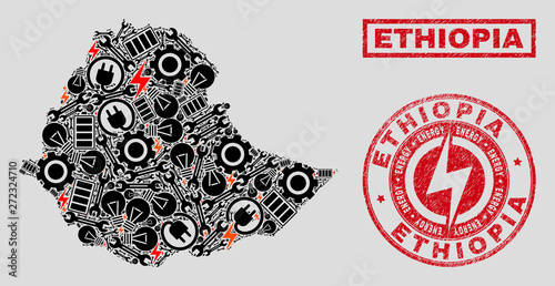 Composition of mosaic power supply Ethiopia map and grunge watermarks. Collage vector Ethiopia map is composed with service and electric symbols. Black and red colors used.