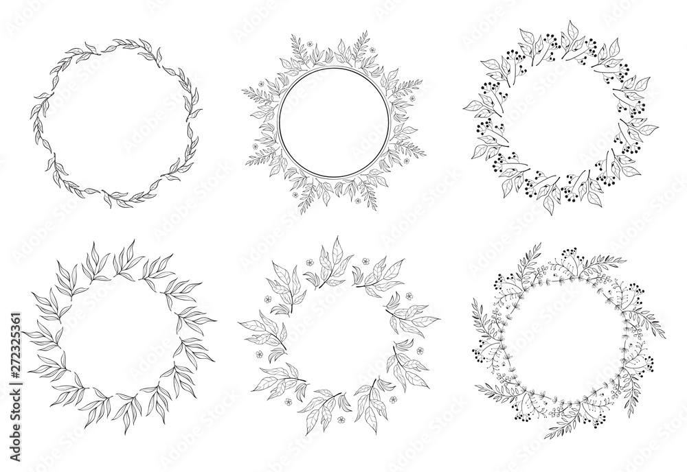 Floral black and white Frame Collection in line style. Set of cute retro leaf arranged un a shape of the wreath