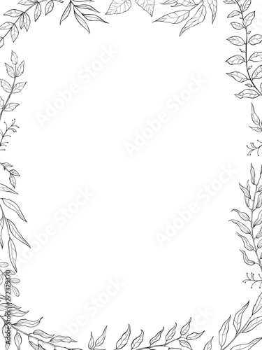 herbal mix vector frame in line style. Hand draw plants, branches and leaves on white background. Coloring frame