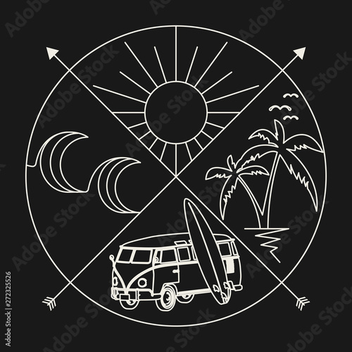 Design t-shirts. Summer adventures. Surf theme. Sea, waves, palm trees, beach. Fully editable vector image.