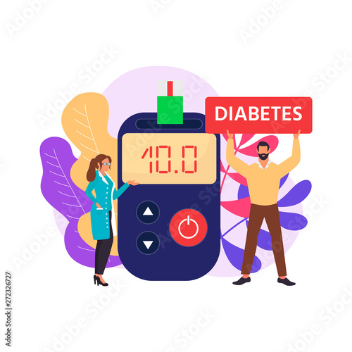 Diabetes Mellitus, concept. High blood sugar. Doctors and blood glucose testing meter. Vector  illustration