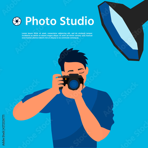 Photographer using professional camera in the studio. Photo studio. Vector illustration. Banner design for photo studio courses and ads