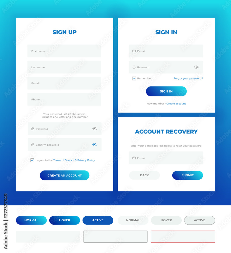 Sign in, sign up, account recovery. Login forms with web elements in different style.