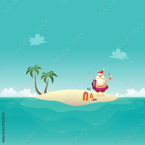 Santa Claus celebrate summer at sandy island - Christmas in June background