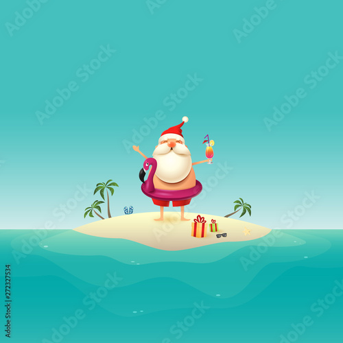 Santa Claus on sandy island at ocean with inflatable flamingo float  - summer vector illustration