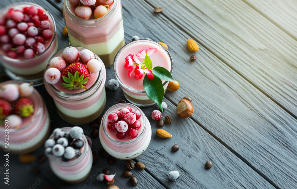 summer berry fitness dessert - three layers of milk jelly pudding, coffee, vanilla and berry summer berry fitness dessert - three layers of milk jelly pudding, coffee, vanilla and berry