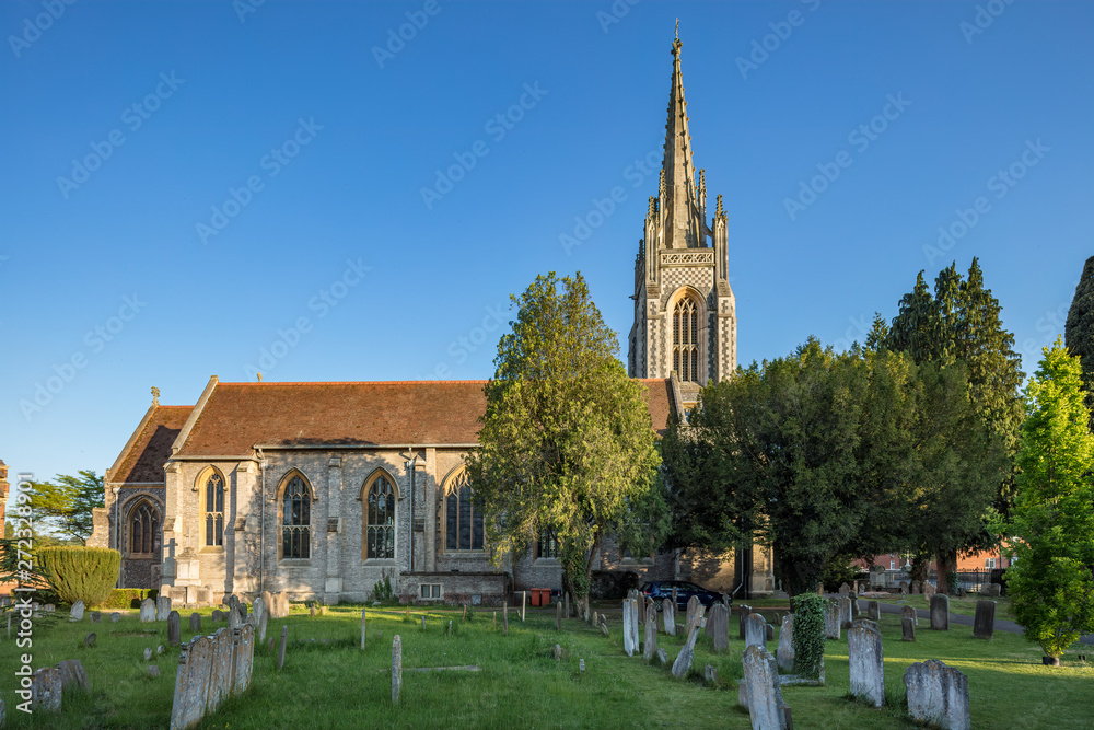 Marlow UK May 29th 2019 : All Saints church in Marlow, located next to the suspension bridge over the river Thames Marlow UK May 29th 2019 : All Saints church in Marlow, located next to the suspension bridge over the river Thames