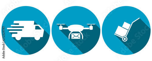 Symbols for post delivery truck, delivery drone and hand truck