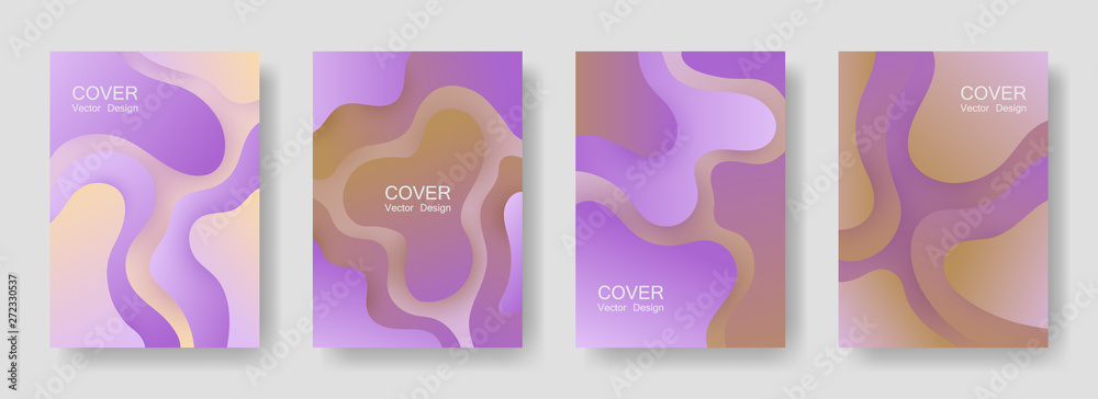 Gradient liquid shapes abstract covers vector set. Digital folder backgrounds design. Flux paper cut effect blob elements backdrop, fluid wavy shapes texture print. Cover pages.