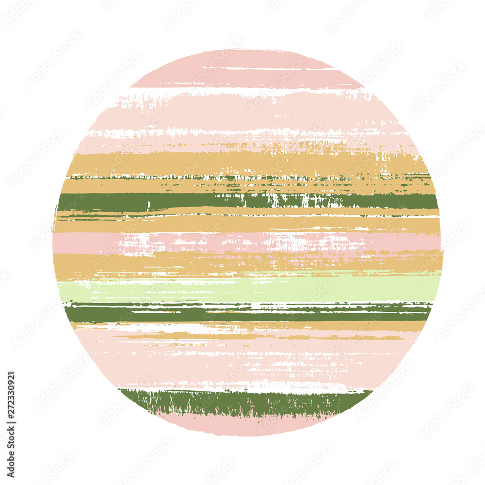 Abstract circle vector geometric shape with stripes texture of paint horizontal lines. Planet concept with old paint texture. Stamp round shape logotype circle with grunge stripes background.