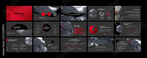 Presentation template, red and black infographic elements. Vector slide template for business project presentations and marketing.