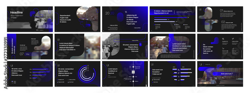 Presentation template, blue and black infographic elements. Vector slide template for business project presentations and marketing.