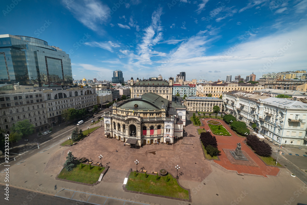 Taras Shevchenko National Opera and Ballet Theatre of Ukraine, Kyiv city. Aerial wide view.