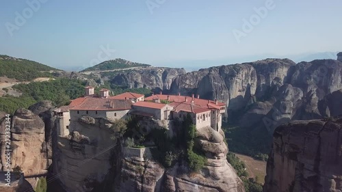Meteora (Greece) aerial view with mountains, monasteries, forests and fields.