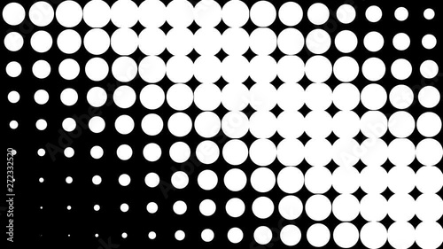 Halftone texture. Gradient effect with circle dots. Horizontal movement of halftones. Abstract black white motion background. Seamless looping animation.