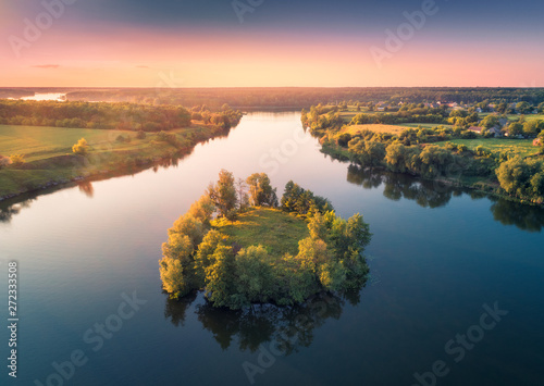 Aerial view of beautiful small island with green trees in the river at sunset in summer. Colorful landscape with island  meadow  forest and sky reflection in blue water. Top view from air. Nature  