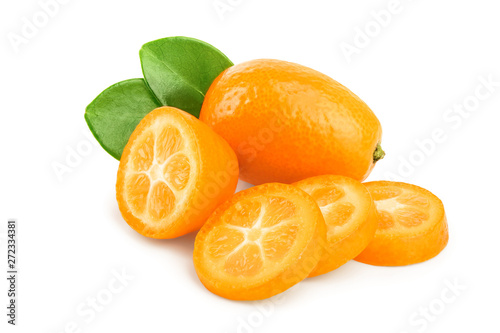 Cumquat or kumquat with slices isolated on white background