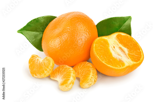 tangerine or mandarin fruit with leaves isolated on white background