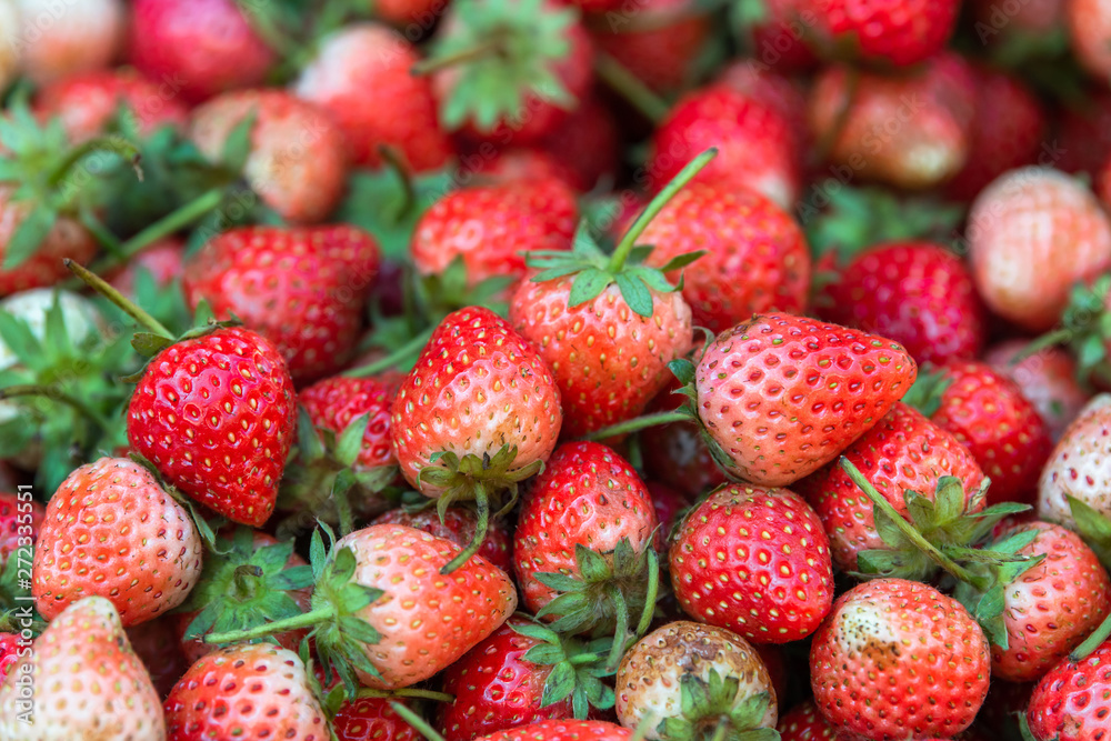 Stacked of fresh strawberry fruits, Top view for juice fruits background Stacked of fresh strawberry fruits, Top view for juice fruits background