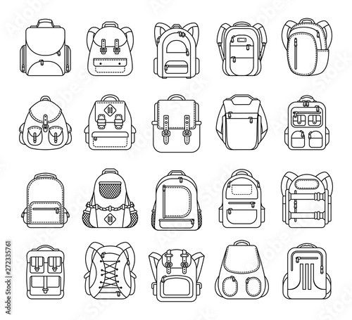 Big set school backpack, sport and travel bag line icon isolated on white background