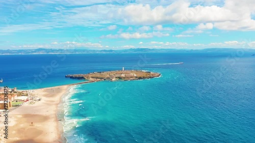 Aerial scenic view of Tarifa city Spain Mediterranean Sea and Ocean Atlantic.
