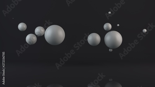 3D illustration of many white balls. The spheres are located randomly  randomly in the space above the reflecting surface. 3D rendering  abstraction  abstract  futuristic background.