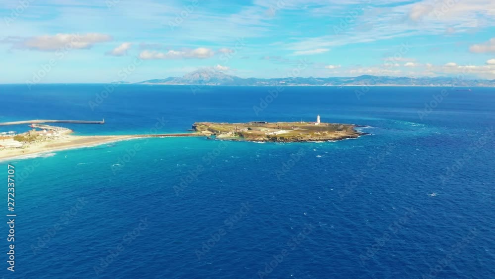 Aerial view. Strait of Gibraltar, seen from the port of Tarifa. In the background can see Morocco. Aerial view. Strait of Gibraltar, seen from the port of Tarifa. In the background can see Morocco.