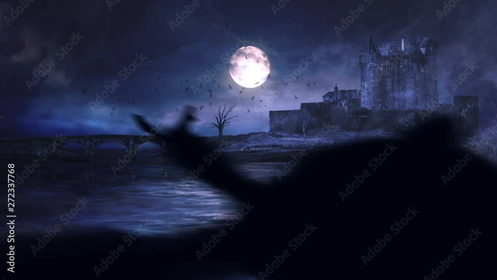 Dark Lake Castle with Bats Flying 4K Loop features an old castle by an eerie lake and full moon with rolling fog and bats flying across the scene in a loop Dark Lake Castle with Bats Flying 4K Loop features an old castle by an eerie lake and full moon with rolling fog and bats flying across the scene in a loop