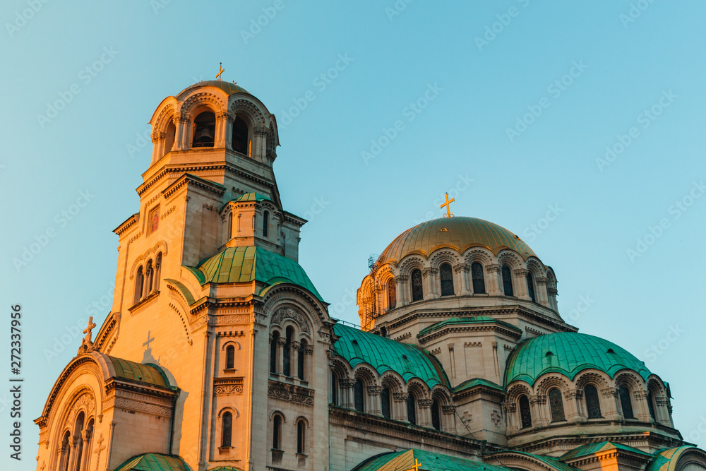 close up of alexander nevsky cathedral in sofia bulgaria during sunset