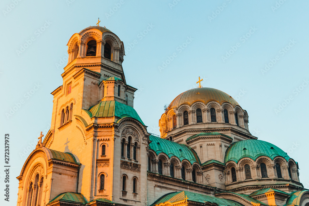 close up of alexander nevsky cathedral in sofia bulgaria during sunset