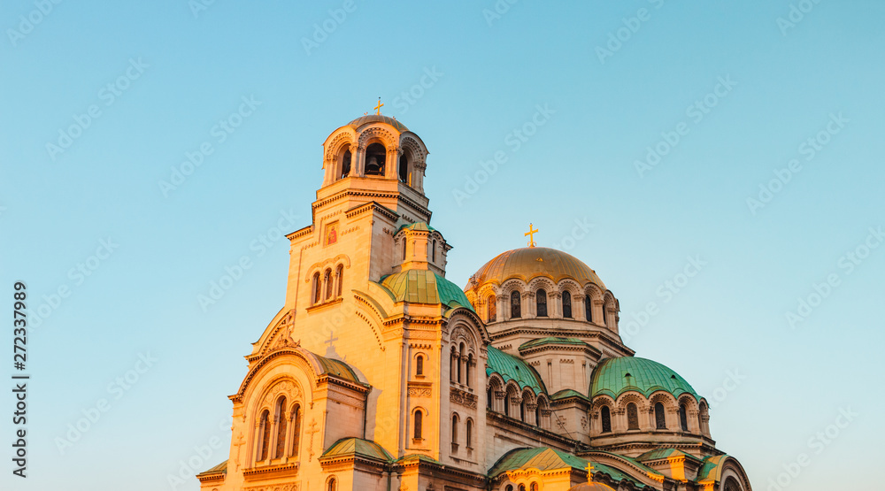 background of alexander nevsky cathedral in sofia bulgaria during sunset, panoramic
