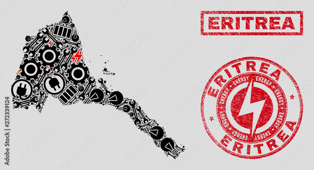 Composition of mosaic power supply Eritrea map and grunge seals. Mosaic vector Eritrea map is composed with service and bulb symbols. Black and red colors used. Abstraction for power supply services. Composition of mosaic power supply Eritrea map and grunge seals. Mosaic vector Eritrea map is composed with service and bulb symbols. Black and red colors used. Abstraction for power supply services.