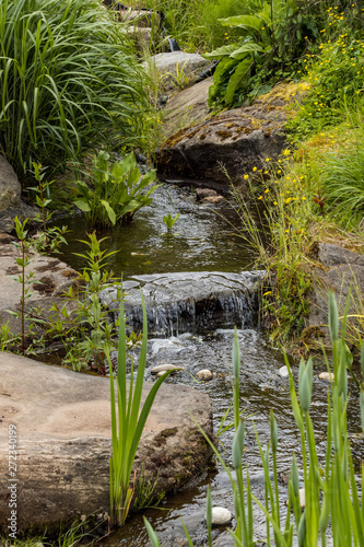 water flowing down the cascading creek inside park surrounded by green grasses on the shore