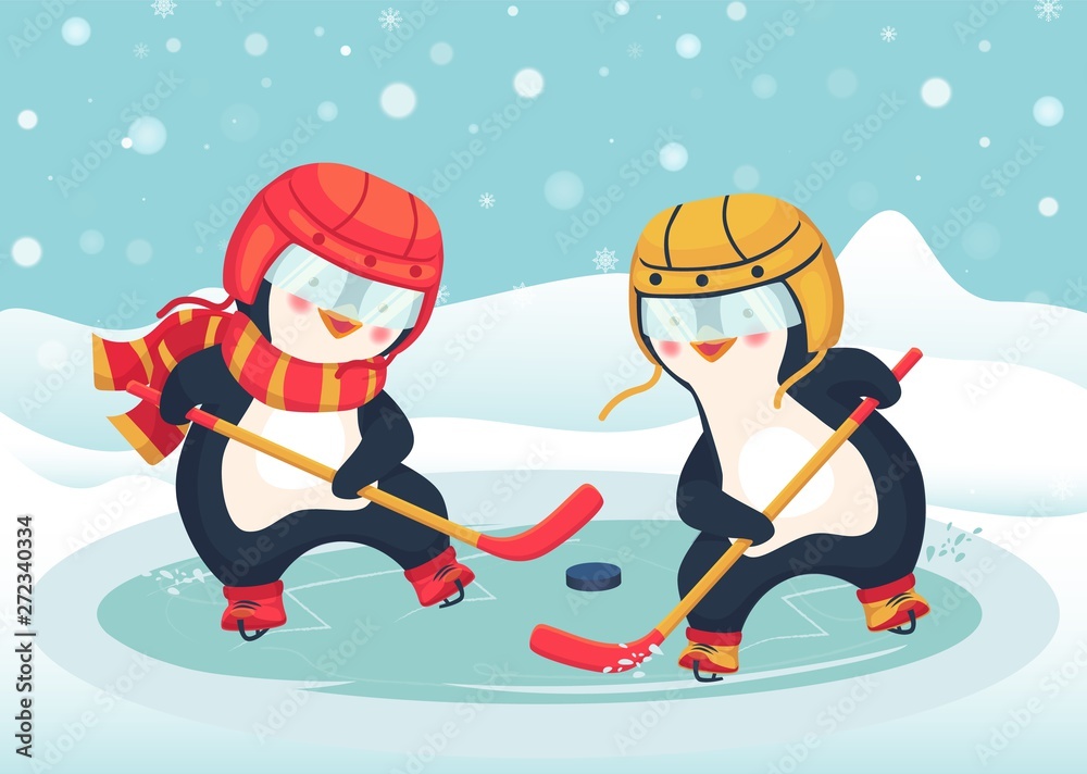 Fototapeta premium penguin play ice hockey in the winter