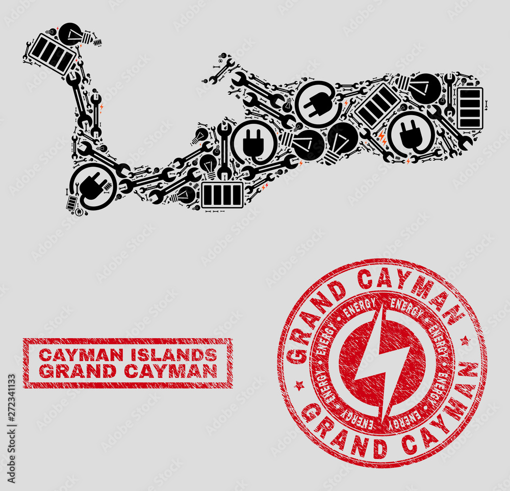 Composition of mosaic power supply Grand Cayman Island map and grunge watermarks. Mosaic vector Grand Cayman Island map is created with workshop and bulb elements. Black and red colors used. Composition of mosaic power supply Grand Cayman Island map and grunge watermarks. Mosaic vector Grand Cayman Island map is created with workshop and bulb elements. Black and red colors used.