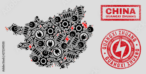 Composition of mosaic power supply Guangxi Zhuang Region map and grunge stamps. Mosaic vector Guangxi Zhuang Region map is composed with repair and electric icons. Black and red colors used.