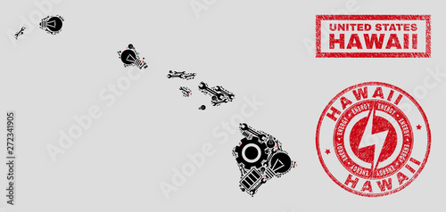 Composition of mosaic power supply Hawaii State map and grunge stamp seals. Mosaic vector Hawaii State map is composed with equipment and innovation elements. Black and red colors used.