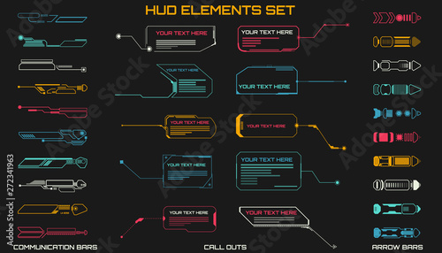 HUD Futuristic Elements Set With Call Outs Communication And Arrow Bars Include Vector. Virtual Hi Scifi Technology Gadget Interface For Game App UI Illustration.