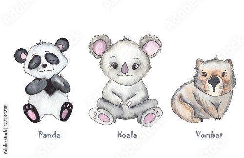 Photography Hand-drawn watercolor children’s animals with cute lion, giraffe, elephant, Rhin